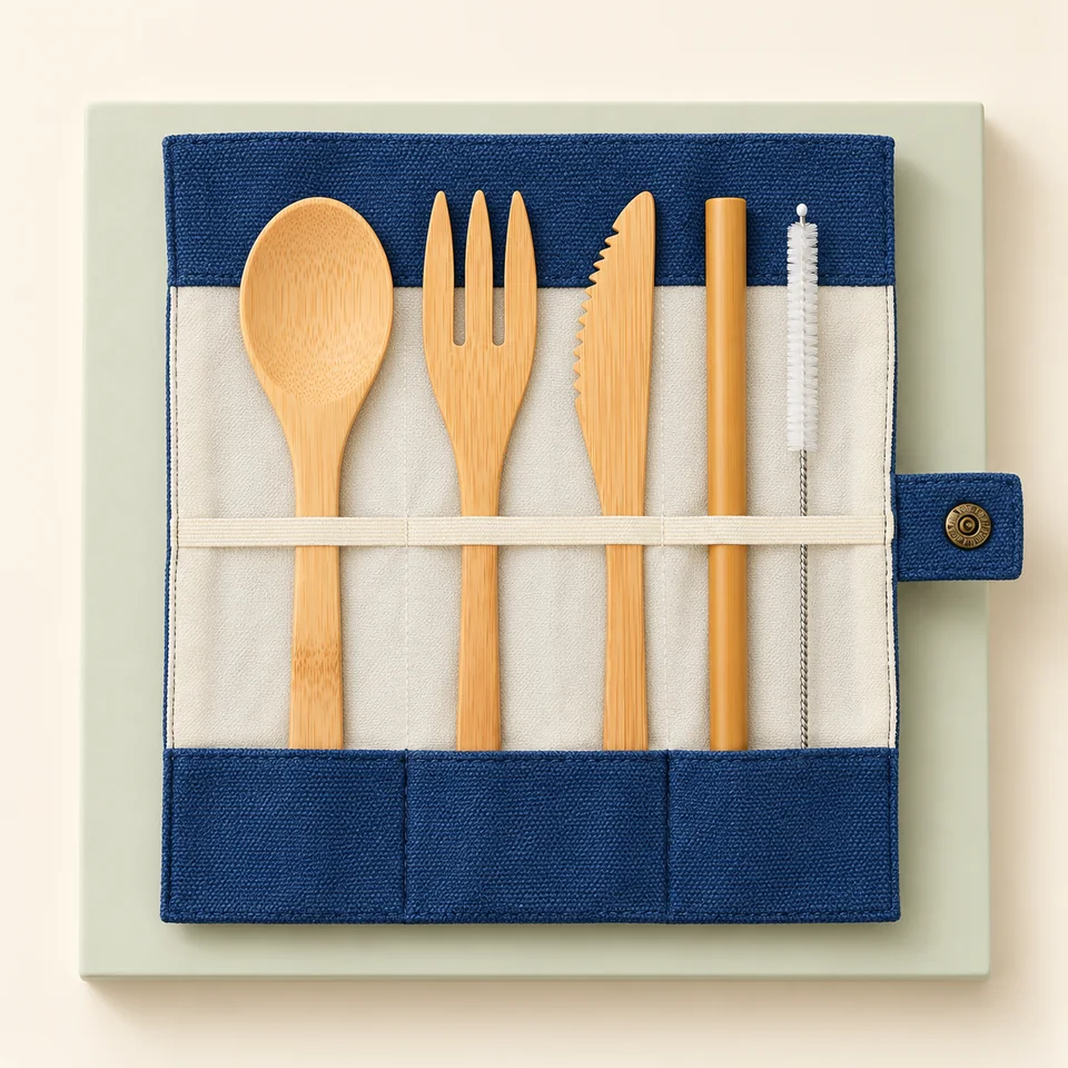 Bambaw kit bambou Océan — Un kit ouvert en bambou dans sa housse bleue.