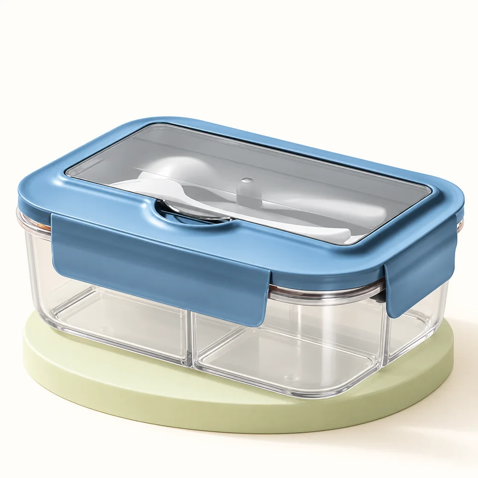 BRYN — bento bleu à trois compartiments — Une seule boîte bleue fermée et vide ; les autres coloris de la source sont exclus.