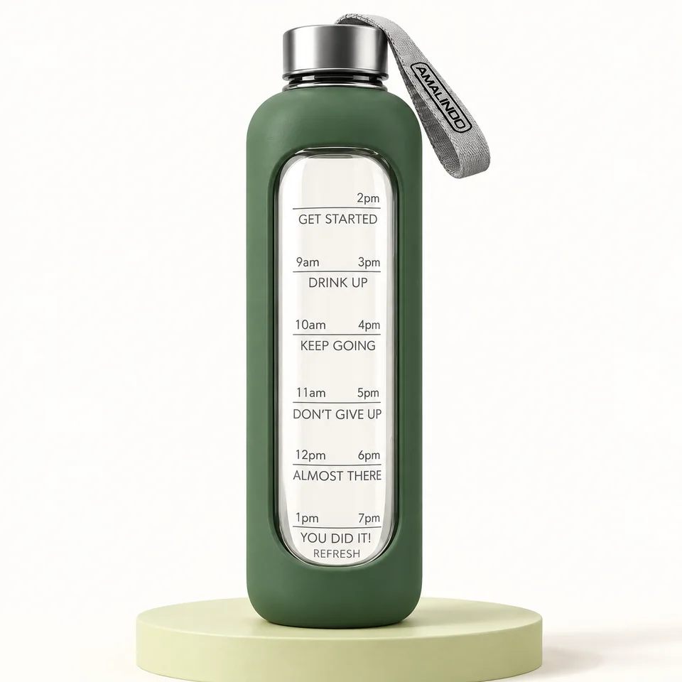 Amalindo — gourde verre olive 1 L — Bouteille vide avec coque olive ; brosse et emballage non représentés.